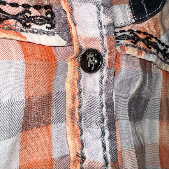 FINAL SALE Roar Orange Plaid Embroidered Button Front 3/4 Sleeve Top XL - Picture 7 of 13